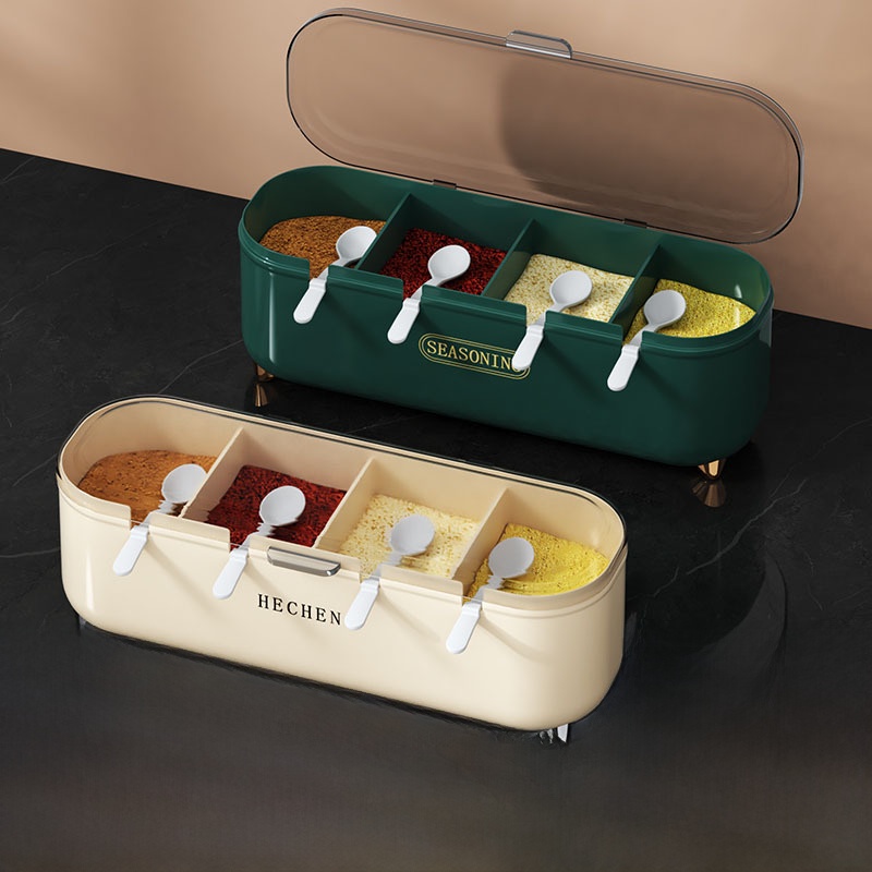 Kitchen Utensils - キッチン調味料ボックスセット多グリッド一体型収納塩調味料4グリッド収納ボックス家庭用調理器具プラスチック製