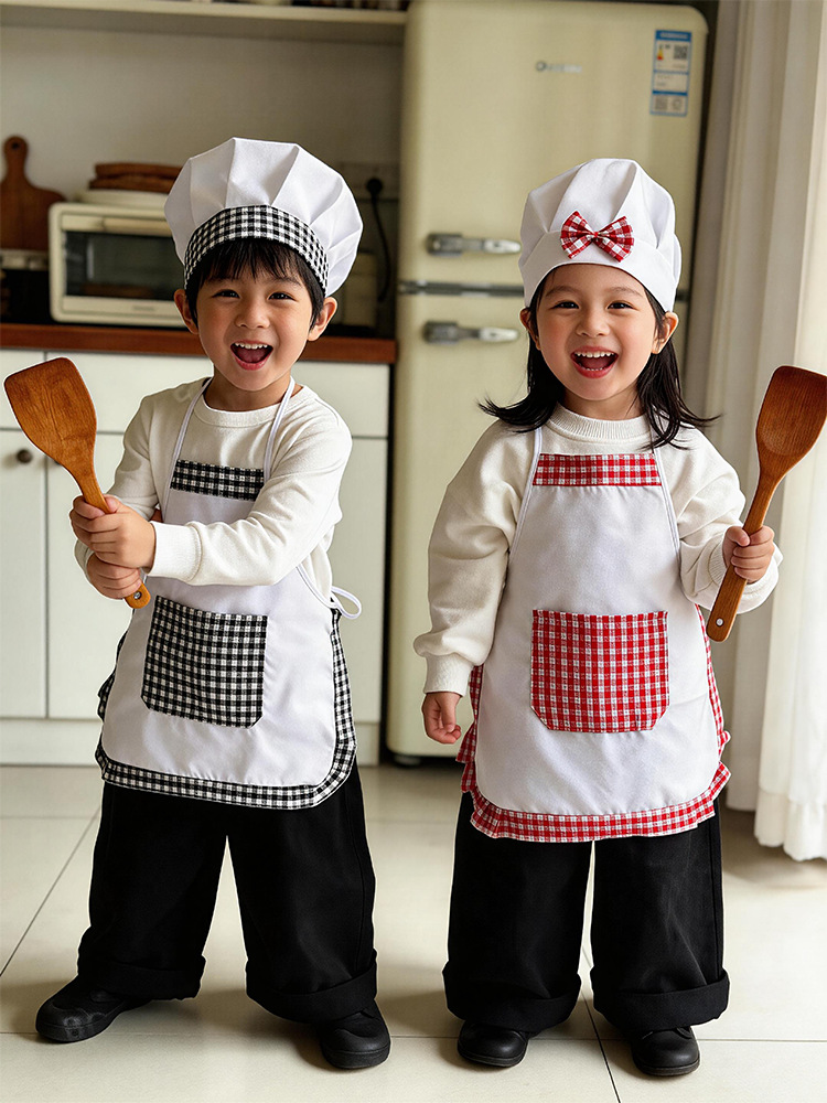 2ピース格子柄キッズシェフエプロンと帽子セット、キュートなチ - Baking Kitchen Set Up のレビューと価格