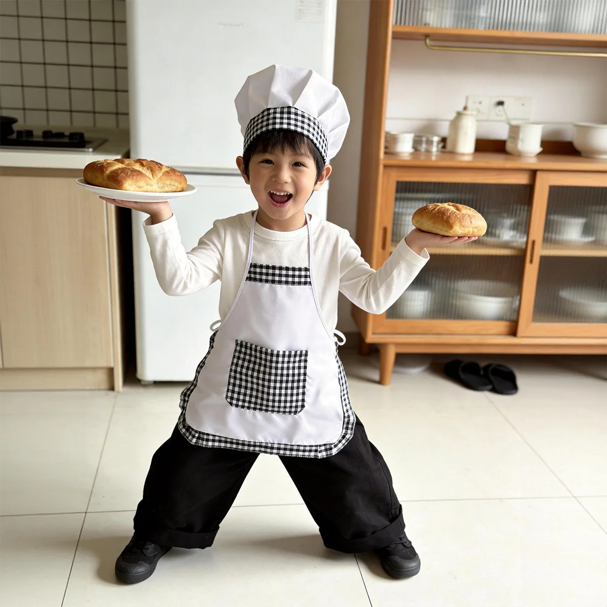 2ピース格子柄キッズシェフエプロンと帽子セット、キュートなチ - Baking Kitchen Set Up のレビューと価格